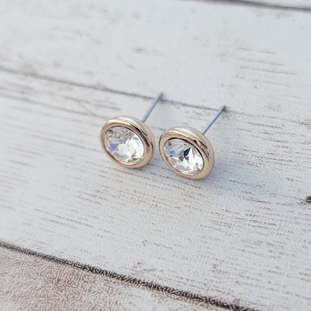 Round Gold Tone & Clear Gem 3/8" Stud Earrings